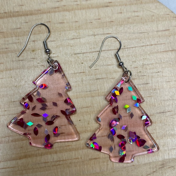 Pink Decorated Christmas Tree Dangle Drop Earrings Festive Holiday Merry 1.5in‎ - Picture 2 of 4